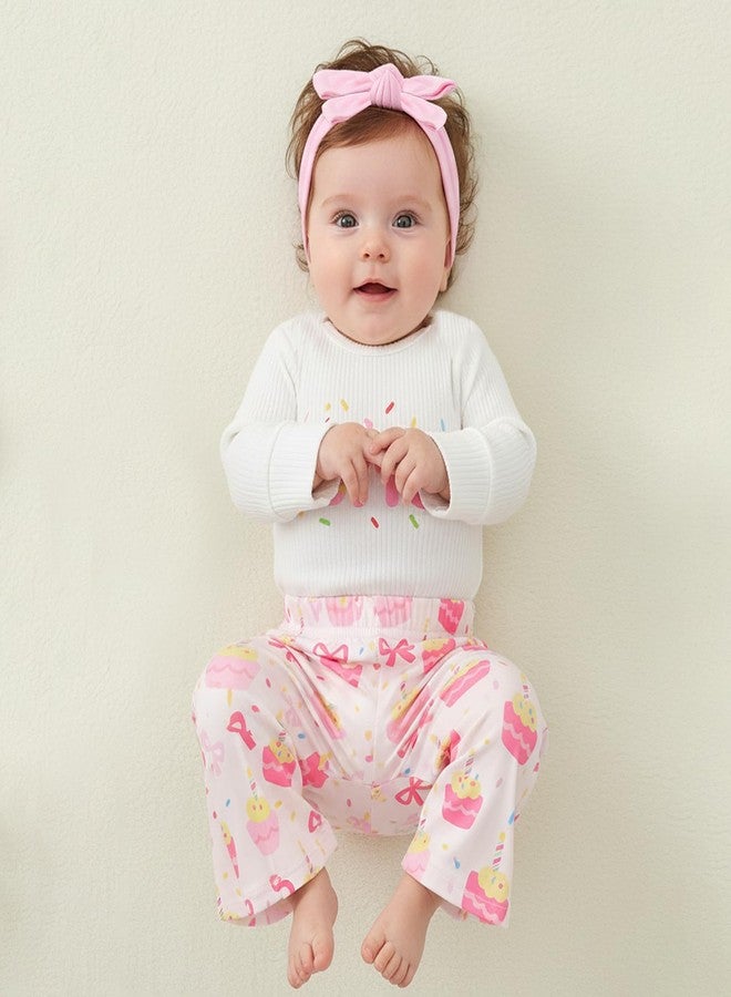 Lamuusaa Toddler Baby Girl Birthday Outfit One Romper Cake Bowknot Print Flared Pants Headband Cake Smash Outfit (White, 12-18 Months) - Image 2