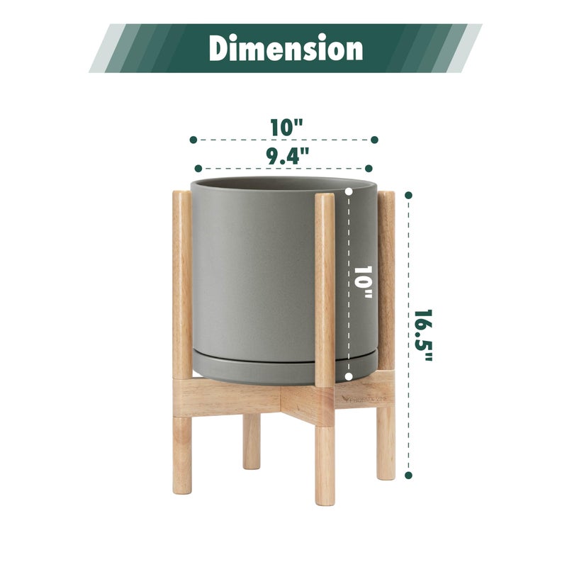 D'vine Dev Ceramic Planter with Natural Stand - 10 Inch Modern Round Flower Pot with Wood Planter Holder, Grey, 55-B-K-3 - Image 3