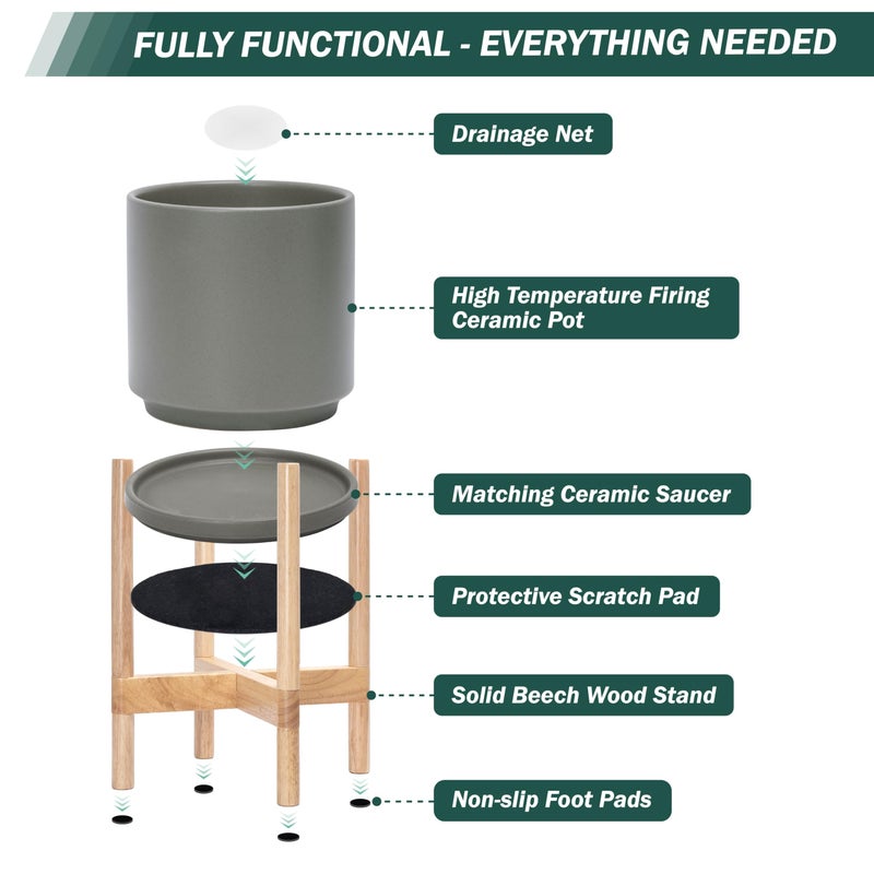 D'vine Dev Ceramic Planter with Natural Stand - 10 Inch Modern Round Flower Pot with Wood Planter Holder, Grey, 55-B-K-3 - Image 5
