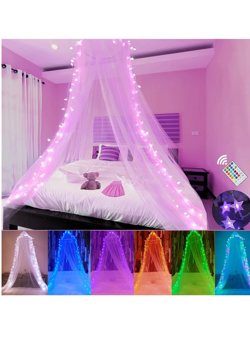 Obrecis Obrecis Bed Canopy with LED Star Lights, Princess Canopy Bed Curtain with 18 Colors Changing String Lights Remote Timer for Girls Bedroom, Pink Red Blue White Dome Canopy for Twin to King Size Bed  - Image 1