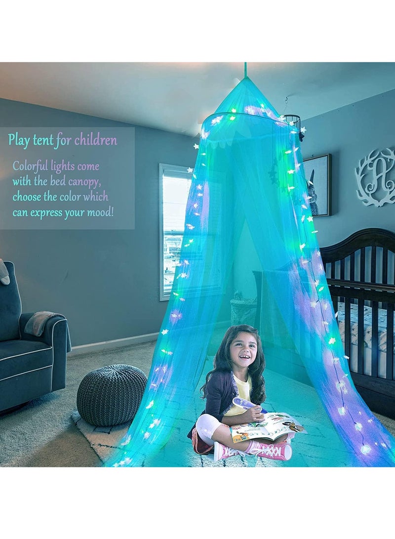 Obrecis Obrecis Bed Canopy with LED Star Lights, Princess Canopy Bed Curtain with 18 Colors Changing String Lights Remote Timer for Girls Bedroom, Pink Red Blue White Dome Canopy for Twin to King Size Bed  - Image 2
