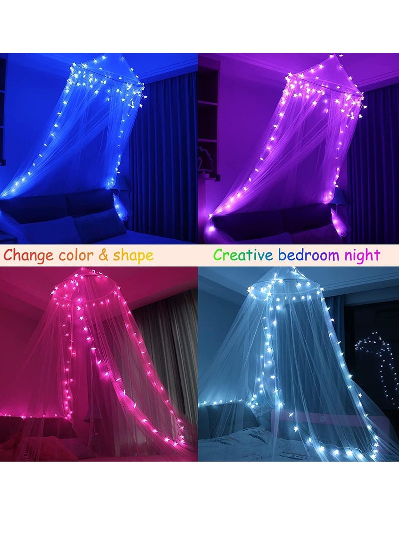 Obrecis Obrecis Bed Canopy with LED Star Lights, Princess Canopy Bed Curtain with 18 Colors Changing String Lights Remote Timer for Girls Bedroom, Pink Red Blue White Dome Canopy for Twin to King Size Bed  - Image 3