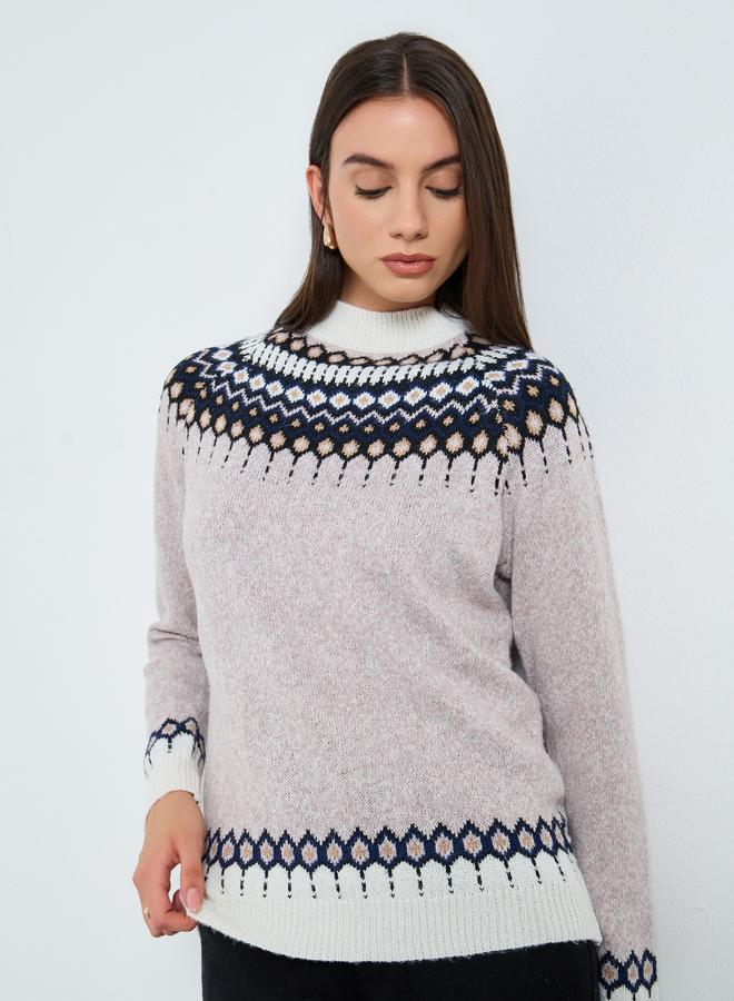 Take Two Beige Fair Isle Pattern Knit Sweater - Image 3