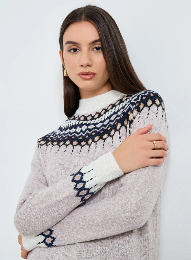 Take Two Take Two Beige Fair Isle Pattern Knit Sweater