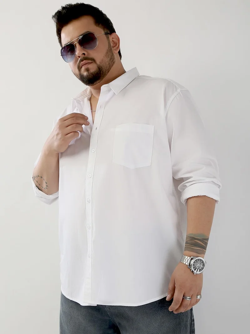 Urbano Plus Men's White Cotton Full Sleeve Regular Fit Casual Solid Shirt