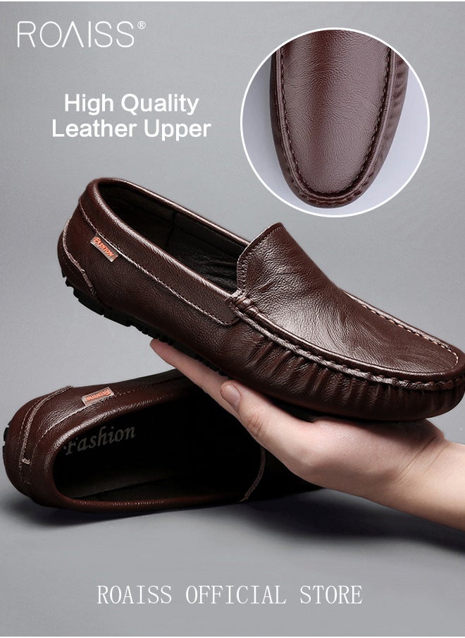 roaiss - Letter Patch Decor Slip-On Loafers Shoes for Men Casual Driving Shoes with Soft Anti Slip Bottom Round Toe Comfortable Leather Shoes with Stitch Detail - Image 1