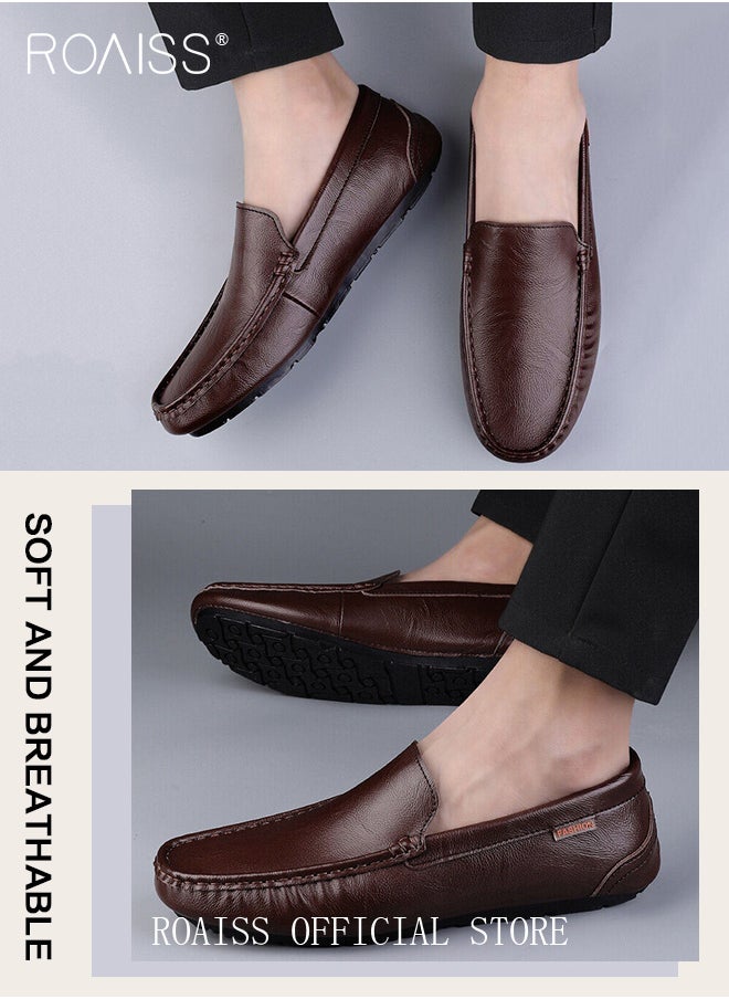 roaiss - Letter Patch Decor Slip-On Loafers Shoes for Men Casual Driving Shoes with Soft Anti Slip Bottom Round Toe Comfortable Leather Shoes with Stitch Detail - Image 1