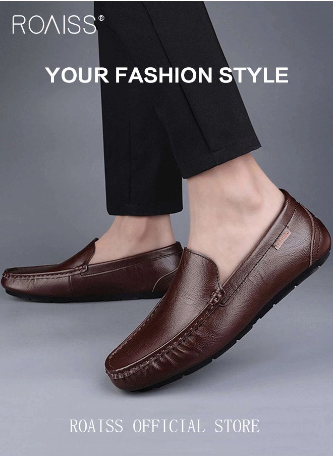 roaiss - Letter Patch Decor Slip-On Loafers Shoes for Men Casual Driving Shoes with Soft Anti Slip Bottom Round Toe Comfortable Leather Shoes with Stitch Detail - Image 1