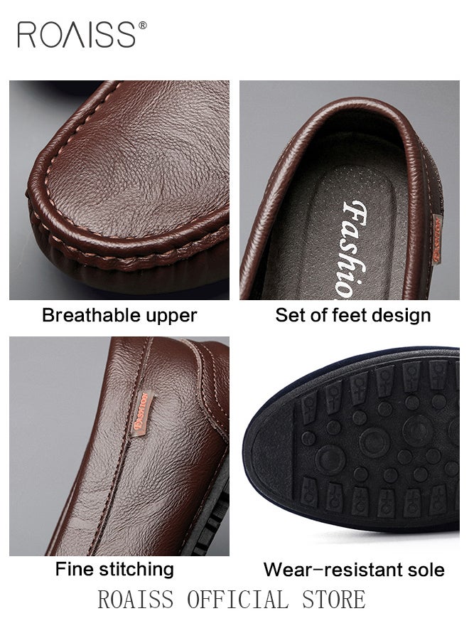roaiss - Letter Patch Decor Slip-On Loafers Shoes for Men Casual Driving Shoes with Soft Anti Slip Bottom Round Toe Comfortable Leather Shoes with Stitch Detail - Image 1