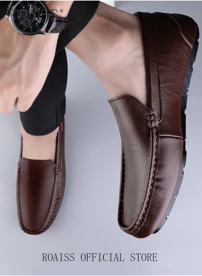 roaiss - Letter Patch Decor Slip-On Loafers Shoes for Men Casual Driving Shoes with Soft Anti Slip Bottom Round Toe Comfortable Leather Shoes with Stitch Detail - Image 1