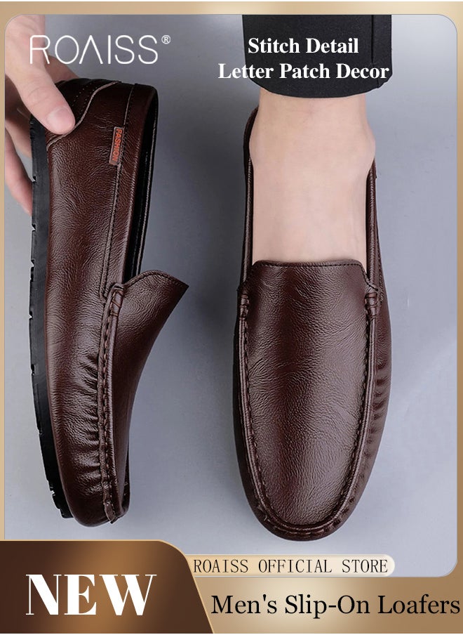 roaiss - Letter Patch Decor Slip-On Loafers Shoes for Men Casual Driving Shoes with Soft Anti Slip Bottom Round Toe Comfortable Leather Shoes with Stitch Detail - Image 1