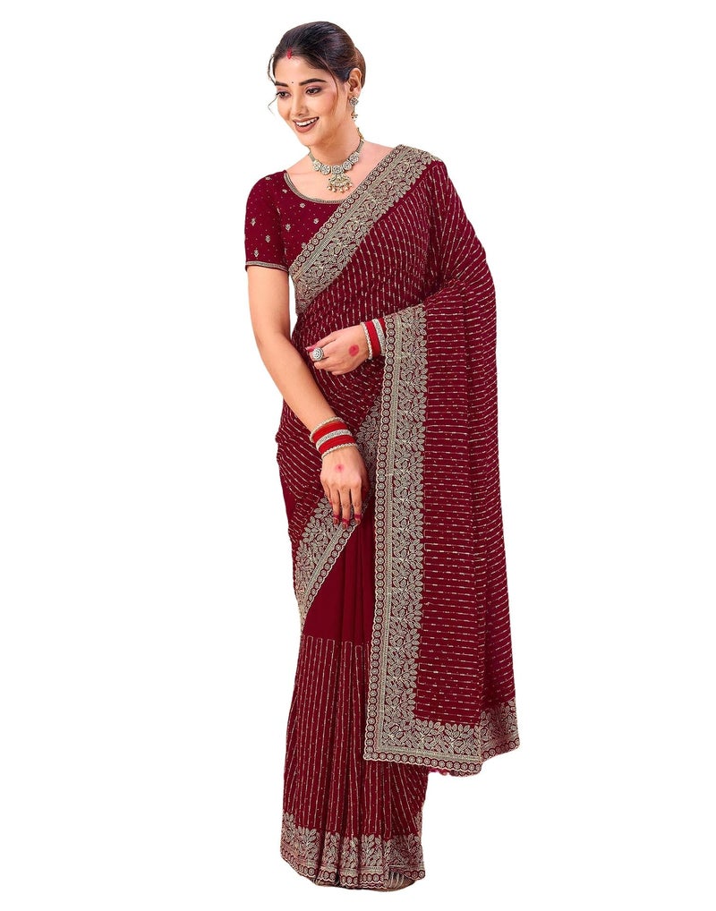 SIRIL Women's Embroidered & Stone Work Silk Saree With Unstitched Blouse Pieces (4848S804-Maroon) - Image 1