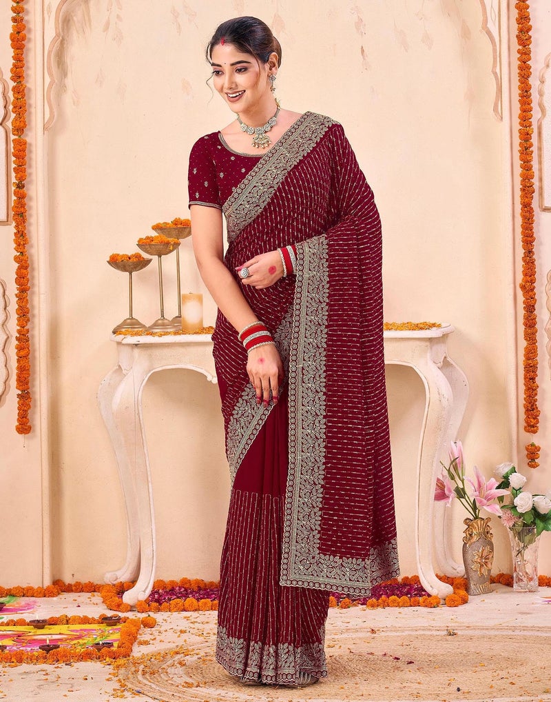 SIRIL Women's Embroidered & Stone Work Silk Saree With Unstitched Blouse Pieces (4848S804-Maroon) - Image 2