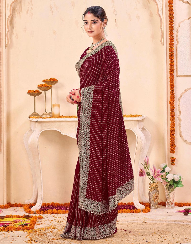 SIRIL Women's Embroidered & Stone Work Silk Saree With Unstitched Blouse Pieces (4848S804-Maroon) - Image 3