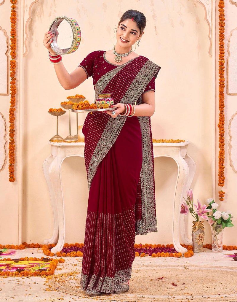 SIRIL Women's Embroidered & Stone Work Silk Saree With Unstitched Blouse Pieces (4848S804-Maroon) - Image 4
