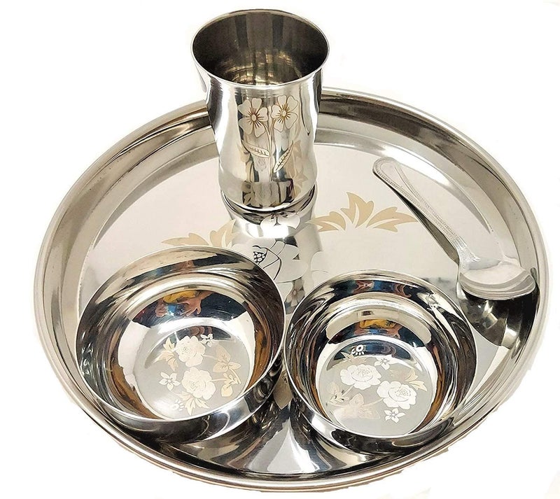 Saubhagya Stainless Steel Floral Dinner Set Of 5Pcs (Pack Of 2) Heavy Grade Designer 1 Thali, 2 Bowl, 1 Glass, 1 Dessert Spoon Floral Dinner Set (Thali Diameter 28 Cm) -5 Pieces (Panch Bartan Ka Set) - Image 2