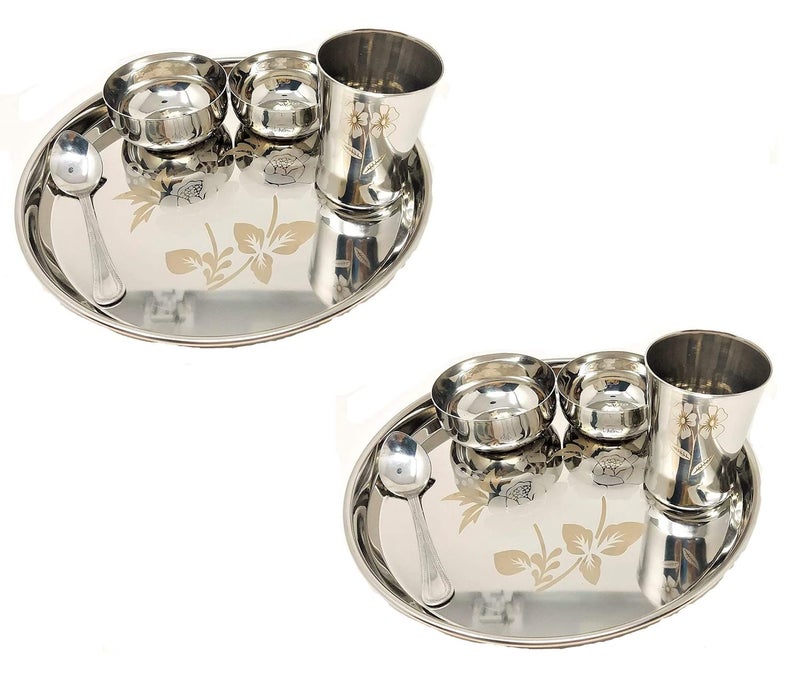 Saubhagya Stainless Steel Floral Dinner Set Of 5Pcs (Pack Of 2) Heavy Grade Designer 1 Thali, 2 Bowl, 1 Glass, 1 Dessert Spoon Floral Dinner Set (Thali Diameter 28 Cm) -5 Pieces (Panch Bartan Ka Set) - Image 1