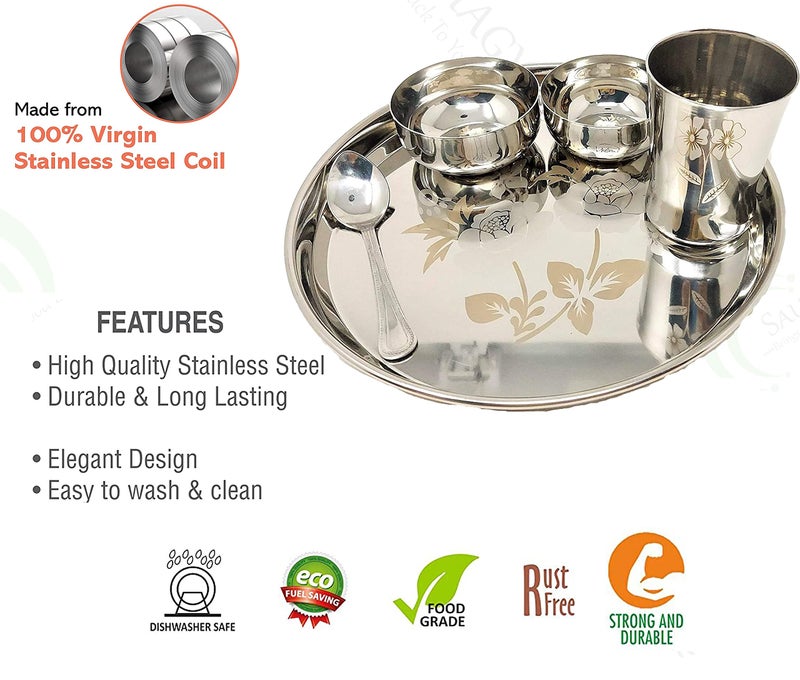 Saubhagya Stainless Steel Floral Dinner Set Of 5Pcs (Pack Of 2) Heavy Grade Designer 1 Thali, 2 Bowl, 1 Glass, 1 Dessert Spoon Floral Dinner Set (Thali Diameter 28 Cm) -5 Pieces (Panch Bartan Ka Set) - Image 3