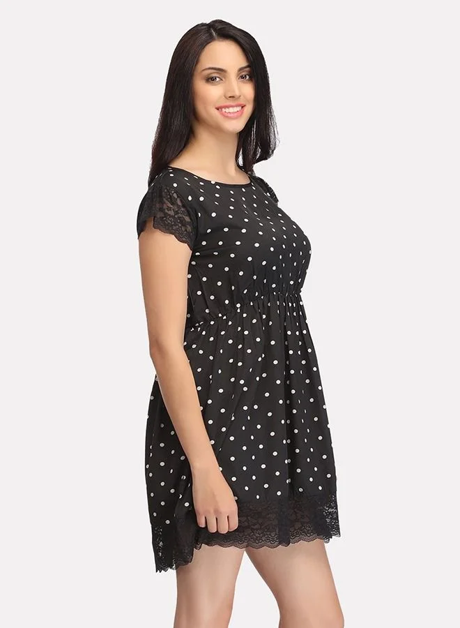 كلوفيا Clovia Polka Print Short Nightdress With Lace Hems