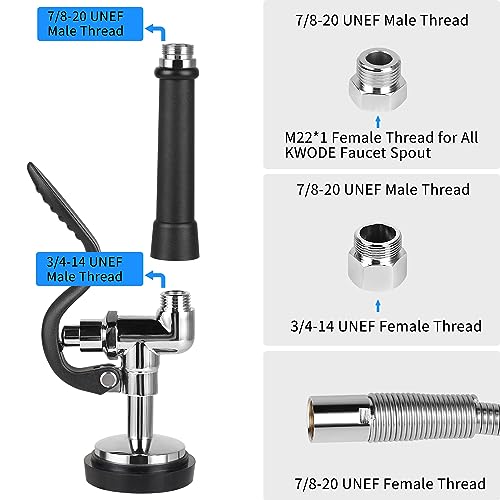 KWODE Pre-Rinse Hose with Spray Valve, 45” Flexible Stainless Steel Hose with Black Pre Rinse Sprayer Head Assembly for Commercial Industrial Restaurant Kitchen Sink Faucet (3 Adapters Included) - Image 3