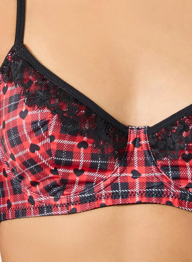 Take Two  Red Plaid Lace Trim Padded Wired Bra and Brief Set for Women | Best Price UAE