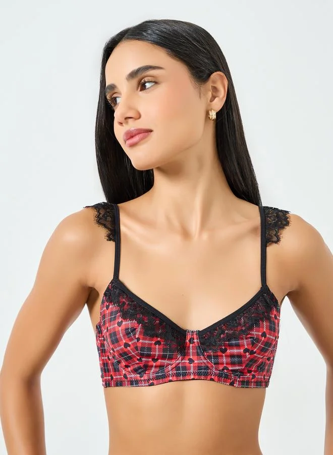 Take Two Red Plaid Lace Trim Padded Wired Bra and Brief Set
