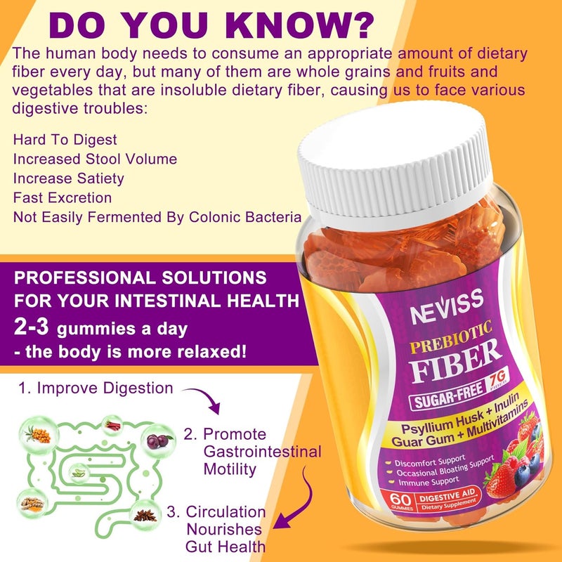 NEVISS Fiber Gummies for Adults with Psyllium Husk 7GSoluble  Insoluble Daily Prebiotic Fiber with Inulin FOS Guar Gum Multivitamins for Daily Digestive Health Regularity SupportSugar FreePack of 2 - Image 3