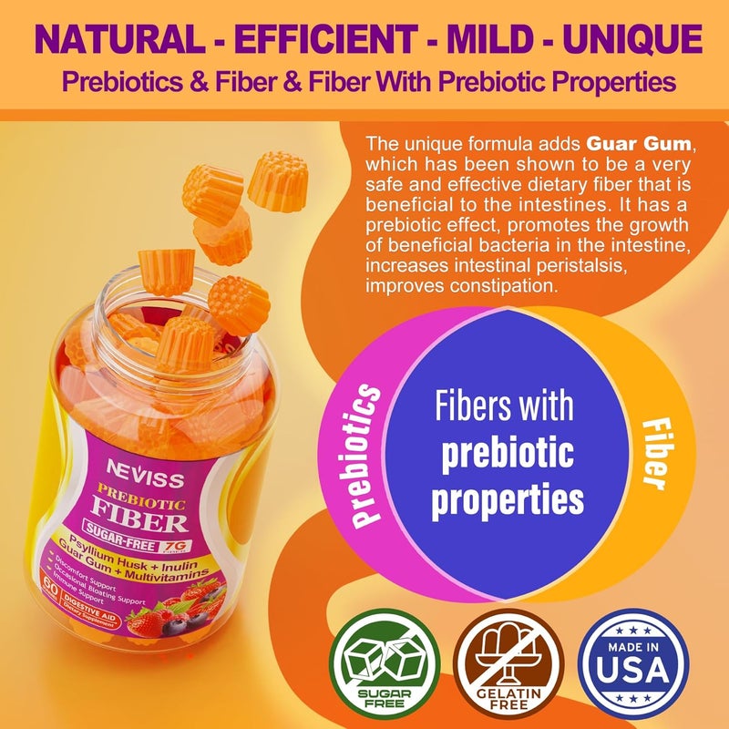 NEVISS Fiber Gummies for Adults with Psyllium Husk 7GSoluble  Insoluble Daily Prebiotic Fiber with Inulin FOS Guar Gum Multivitamins for Daily Digestive Health Regularity SupportSugar FreePack of 2 - Image 4