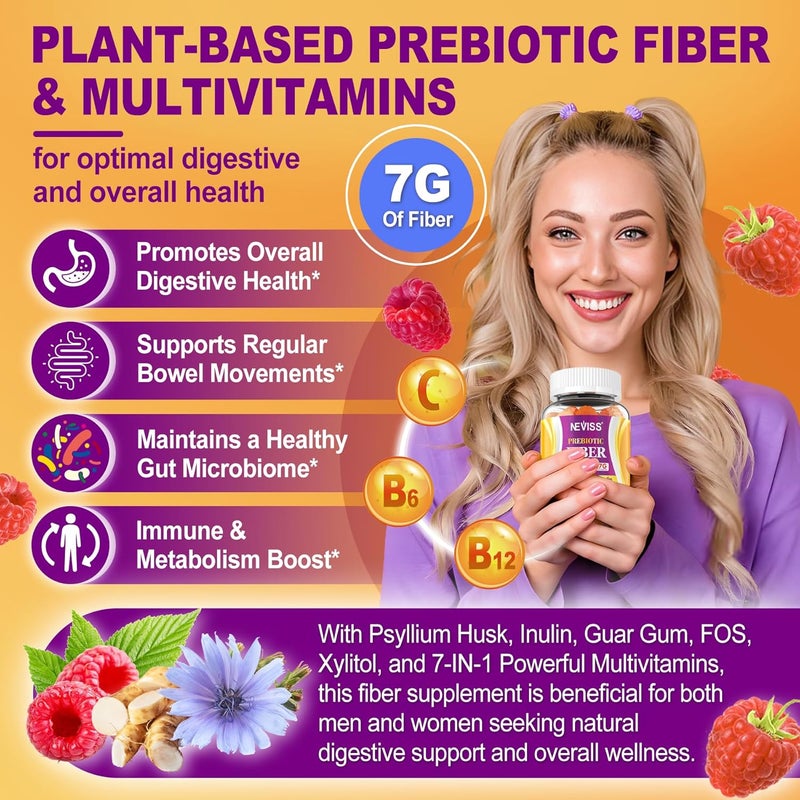 NEVISS Fiber Gummies for Adults with Psyllium Husk 7GSoluble  Insoluble Daily Prebiotic Fiber with Inulin FOS Guar Gum Multivitamins for Daily Digestive Health Regularity SupportSugar FreePack of 2 - Image 5
