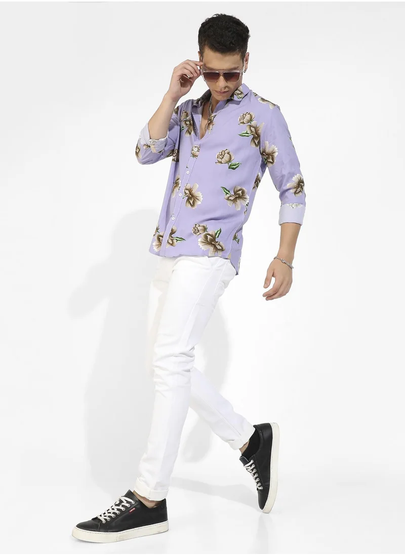 Campus Sutra Men's Lavender Floral Print Shirt