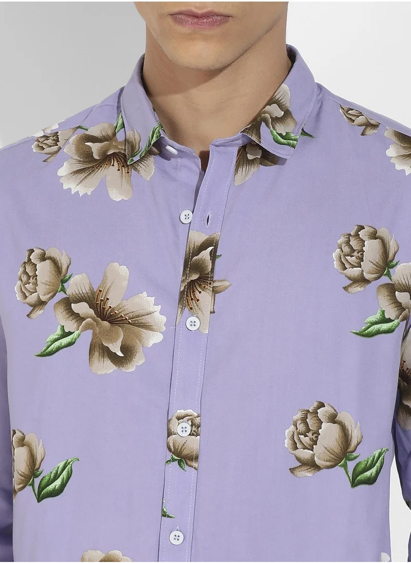 Campus Sutra Men's Lavender Floral Print Shirt