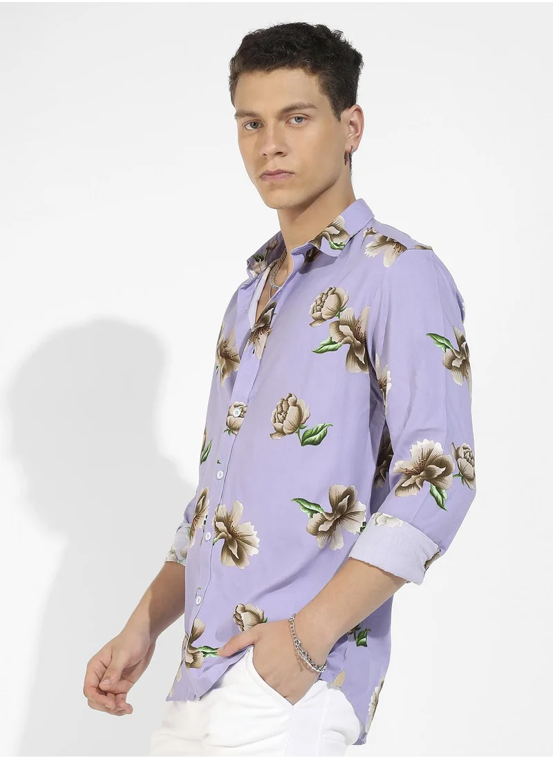 Campus Sutra Men's Lavender Floral Print Shirt
