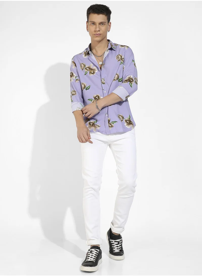 Campus Sutra Men's Lavender Floral Print Shirt