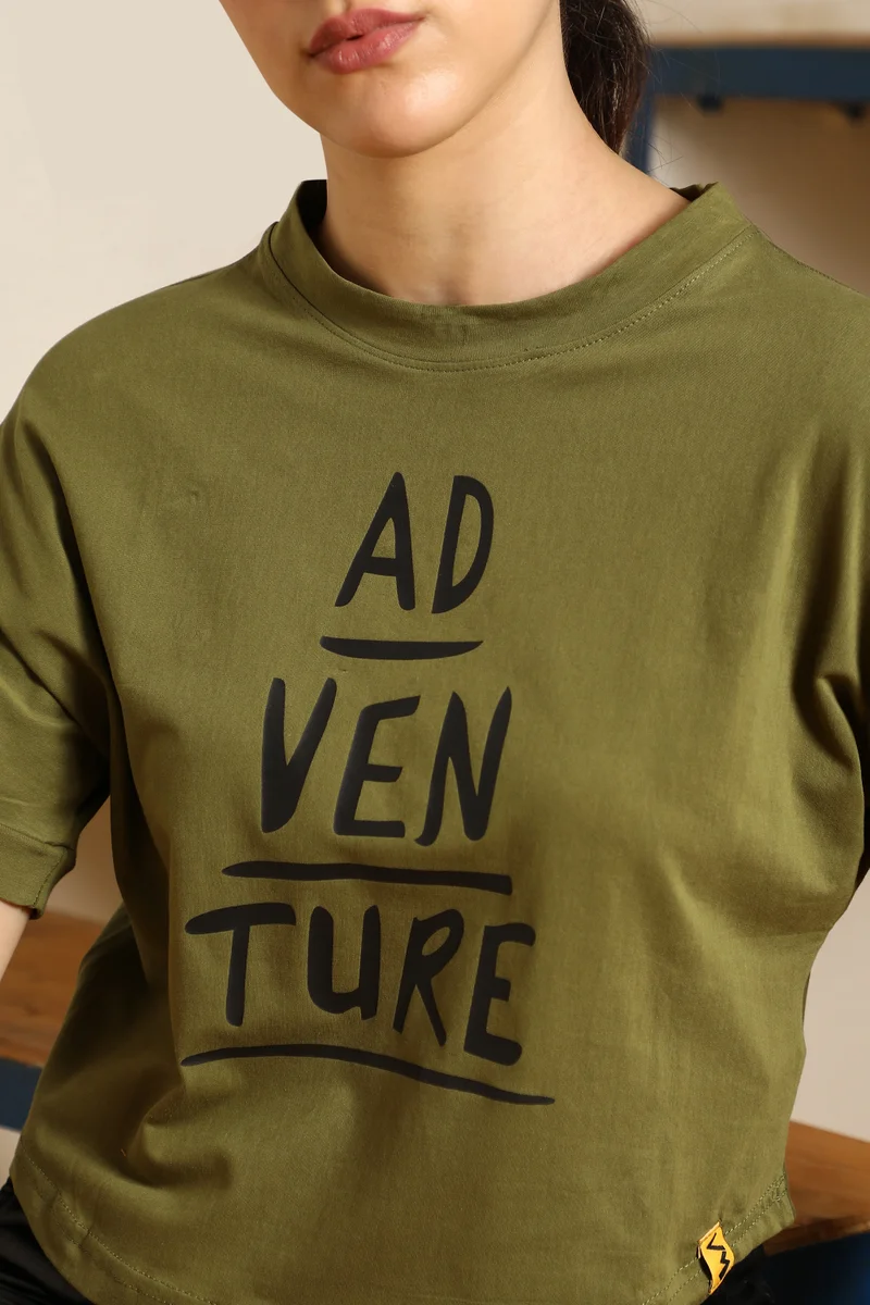 Campus Sutra Women's Olive Green Adventure Typographic Print Top