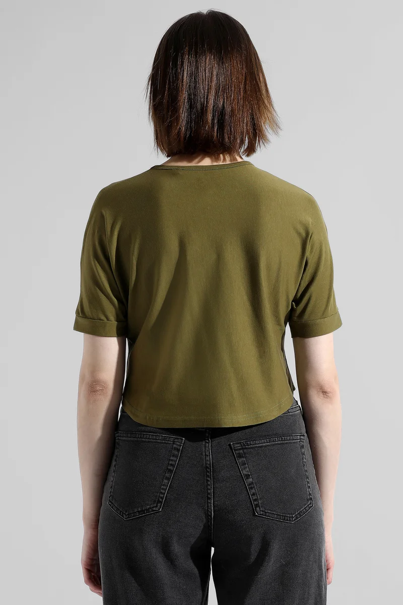 Campus Sutra Women's Olive Green Adventure Typographic Print Top