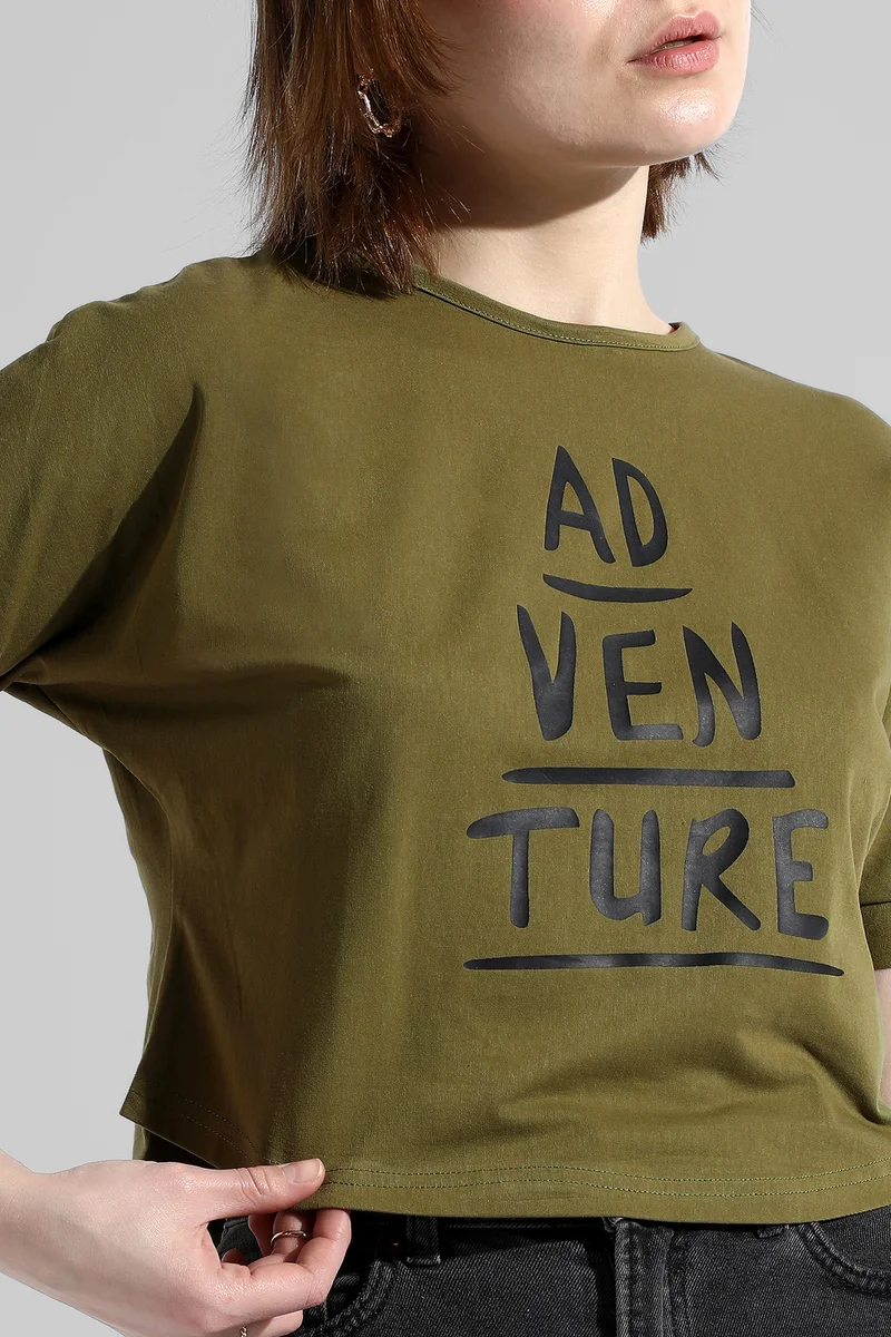 Campus Sutra Women's Olive Green Adventure Typographic Print Top