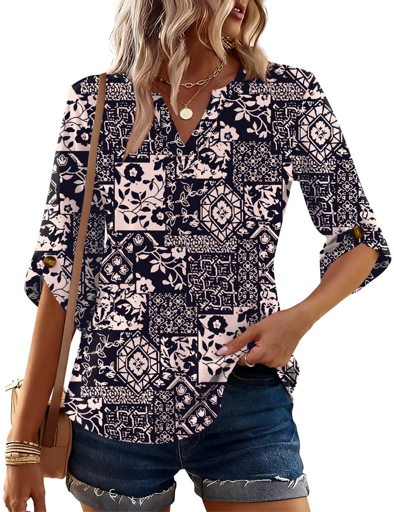 Kistore Spring Tops for Women 3/4 Sleeve V Neck Casual Tunic Button Cuffs Blouse Black Plaid Shirt Ladies Apricot M - Image 2