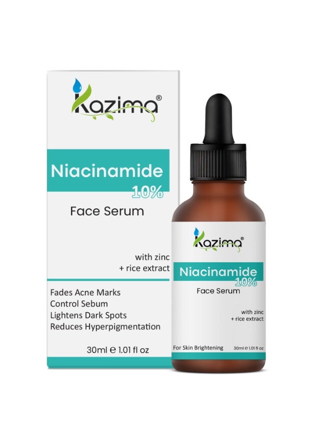 KAZIMA 10% Niacinamide Face Serum for Acne Marks and Dark Spots, with Zinc and Rice Extract | Fades Blemishes, Reduces Hyperpigmentation & Balances Oil | Niacinamide Serum for Oily Skin | 30 ml - Image 1