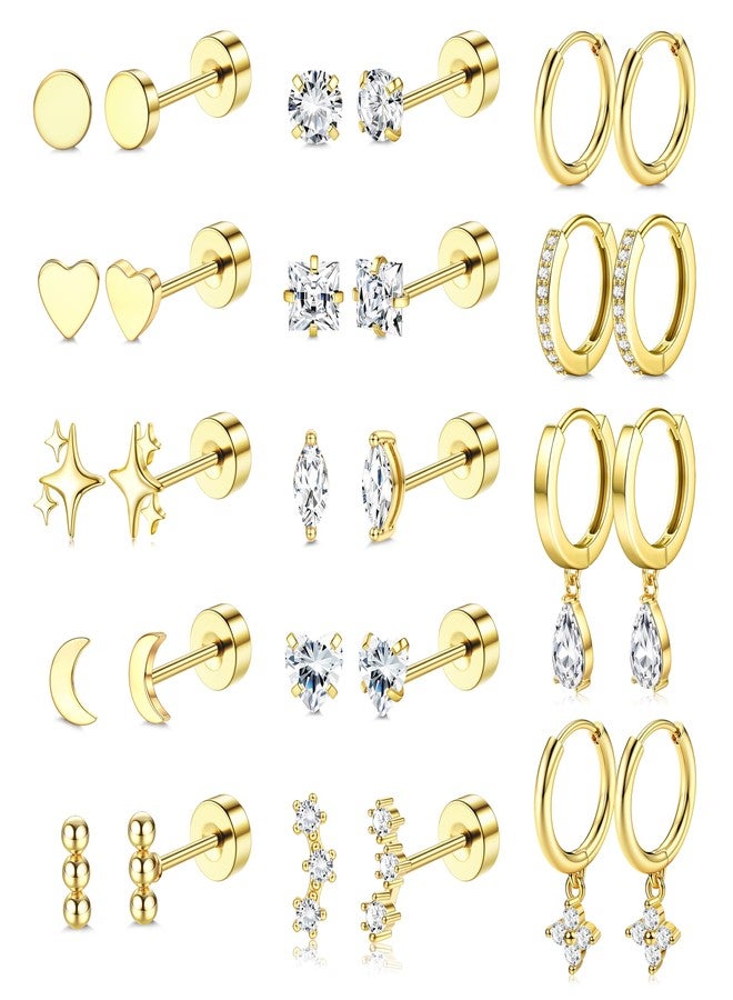 Florideco Hypoallergenic Flat Back Earrings for Women 14K Gold Surgical Steel Stud Hoop Earrings for Sensitive Ears Stainless Steel Earrings Gold Flatback Stud Cartilage Earring Set, Stainless Steel - Image 1