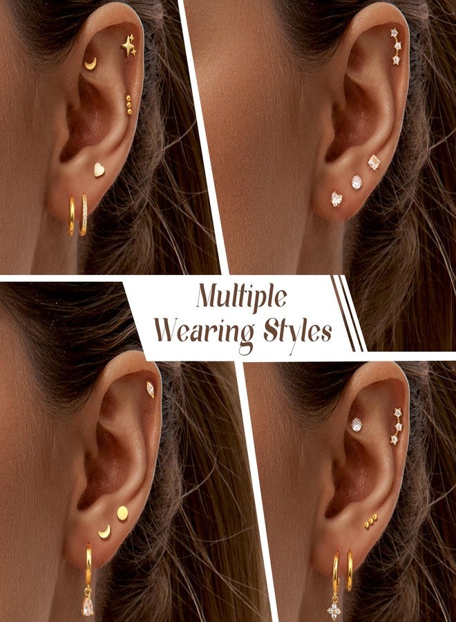 Florideco Hypoallergenic Flat Back Earrings for Women 14K Gold Surgical Steel Stud Hoop Earrings for Sensitive Ears Stainless Steel Earrings Gold Flatback Stud Cartilage Earring Set, Stainless Steel - Image 4