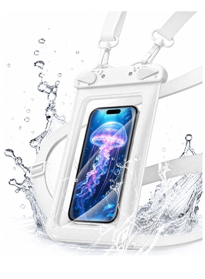 جراب هاتف عالمي مقاوم للماء مقاس 7.5 بوصة، حاصل على شهادة IPX8 لمقاومة الماء حتى عمق 30 مترًا من SGS، مصنوع من مادة PVC متينة مقاومة للماء، مناسب لهواتف iPhone 18 و17 و16 و15 Pro Max Plus، مثالي لرحلات الشاطئ والرحلات البحرية - لون أبيض كريستالي - Image 2