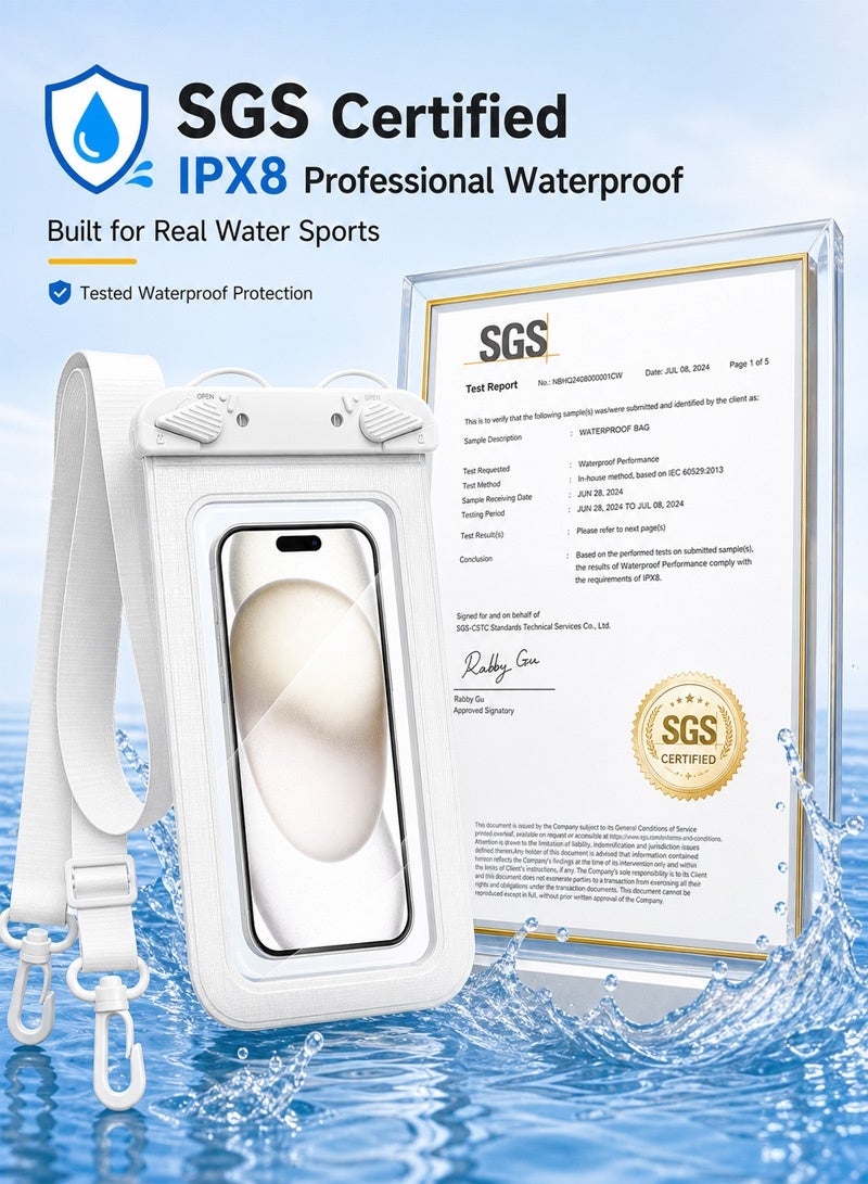 جراب هاتف عالمي مقاوم للماء مقاس 7.5 بوصة، حاصل على شهادة IPX8 لمقاومة الماء حتى عمق 30 مترًا من SGS، مصنوع من مادة PVC متينة مقاومة للماء، مناسب لهواتف iPhone 18 و17 و16 و15 Pro Max Plus، مثالي لرحلات الشاطئ والرحلات البحرية - لون أبيض كريستالي - Image 4