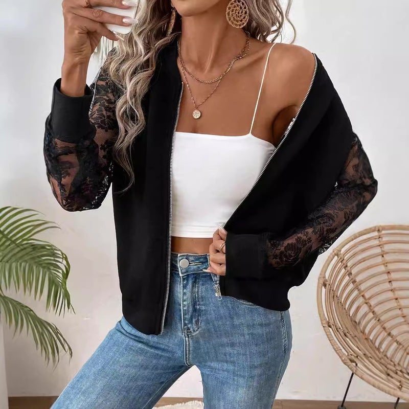 سترة نسائية بقص الدانتيل وأكمام طويلة وياقة بيسبول - Image 1