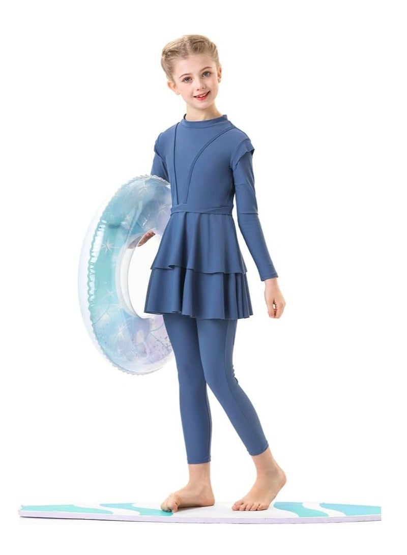 أوزيغالور 150 سم 3 قطع ملابس سباحة بوركيني للأطفال، ملابس سباحة محتشمة للمسلمات، تشمل قميص سباحة بأكمام طويلة، بنطال، حجاب - Image 2