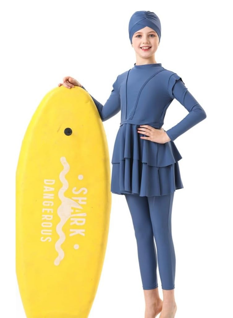 أوزيغالور 150 سم 3 قطع ملابس سباحة بوركيني للأطفال، ملابس سباحة محتشمة للمسلمات، تشمل قميص سباحة بأكمام طويلة، بنطال، حجاب - Image 3