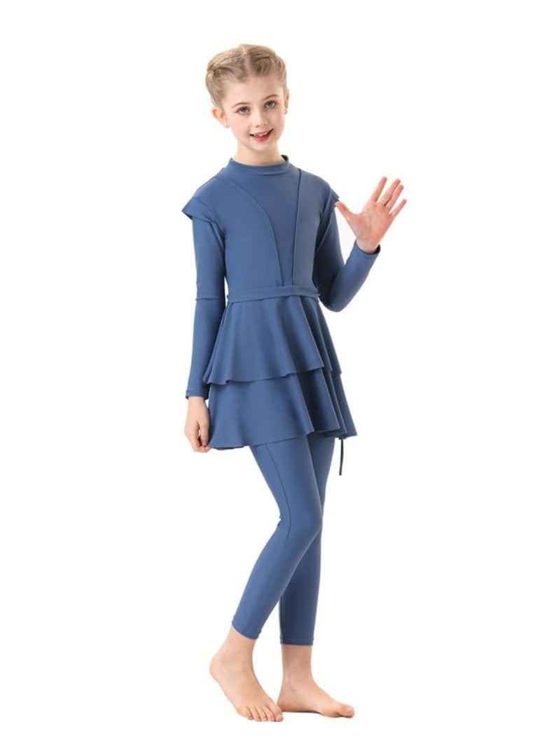 أوزيغالور 150 سم 3 قطع ملابس سباحة بوركيني للأطفال، ملابس سباحة محتشمة للمسلمات، تشمل قميص سباحة بأكمام طويلة، بنطال، حجاب - Image 4