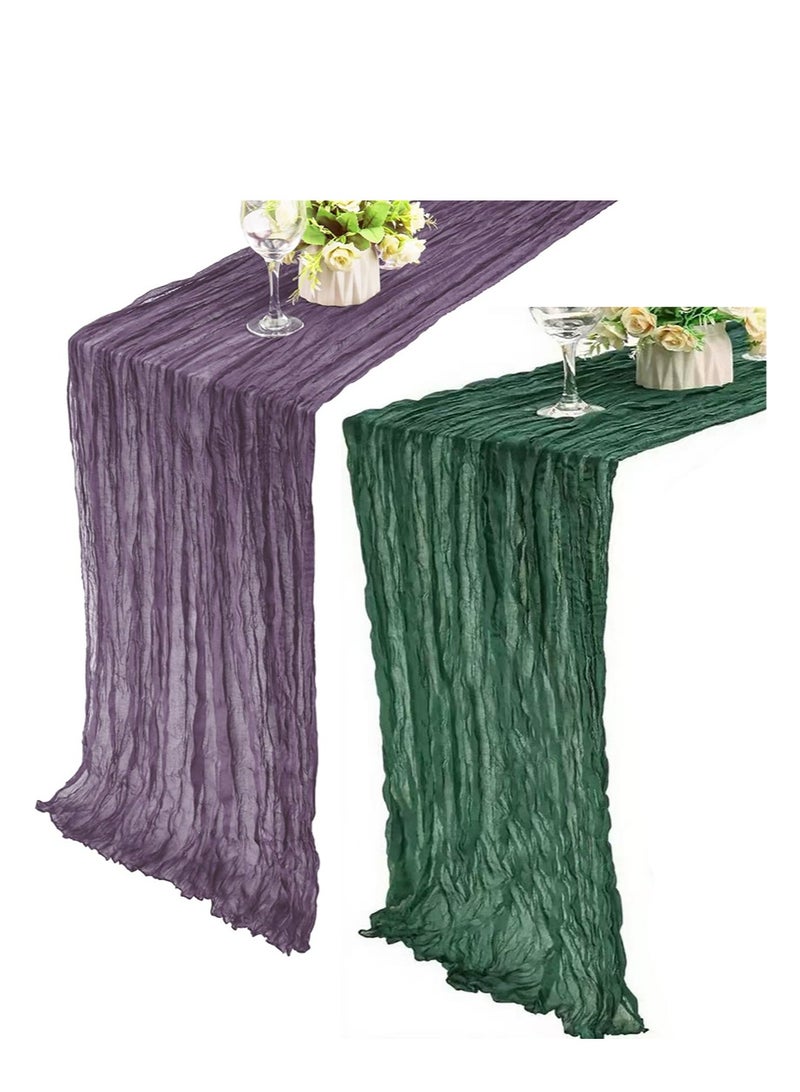 إزدنك قطعتان من مفرش طاولة من القطن الخشن 90 سم × 300 سم، بلونين، من قماش الشاش البوهيمي، مناسب لحفلات الزفاف وأعياد الميلاد، على طراز بوهيمي، لتزيين الطاولة (أرجواني ضبابي + أخضر غامق) - Image 1
