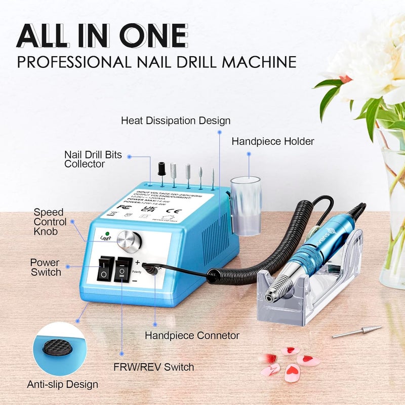 Subay 30000RPM Nail Drill Professional Electric File Acrylic Nails Kit for Acrylic Nails Remove Nail Gel Polish Manicure for Salon Home with 100pcs Sanding Bands, Dark Blue - Image 2