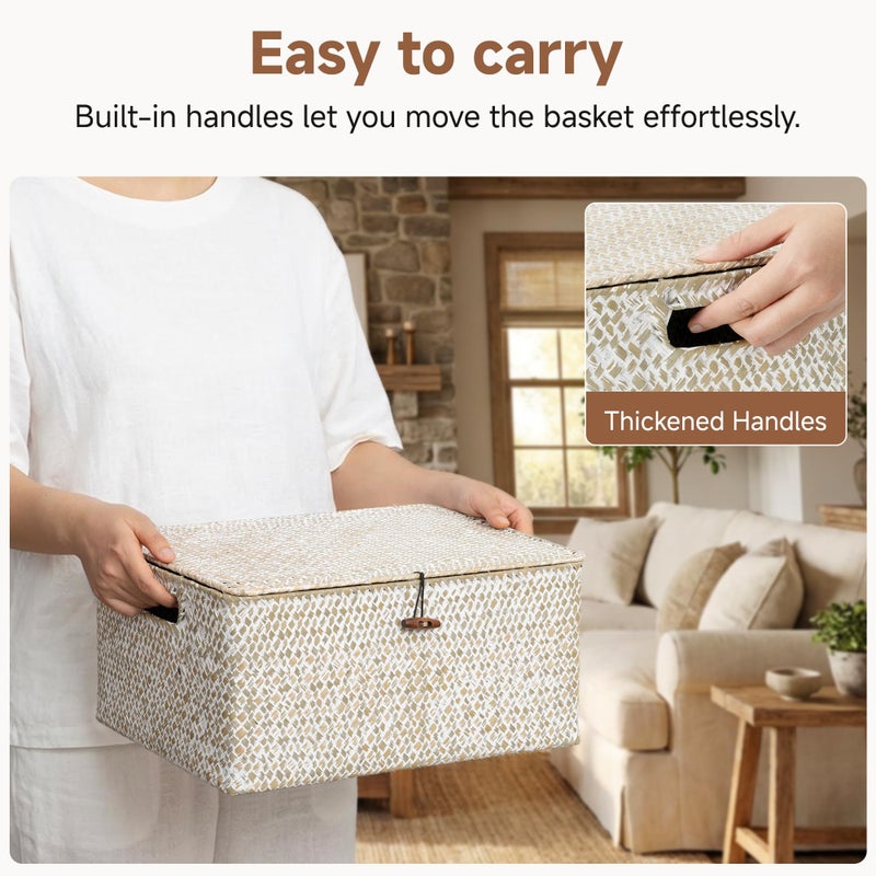 StorageWorks Wicker Baskets with Lid, Seagrass Storage Baskets for Shelves, Decorative Box with Built-in Handles,White - Image 3