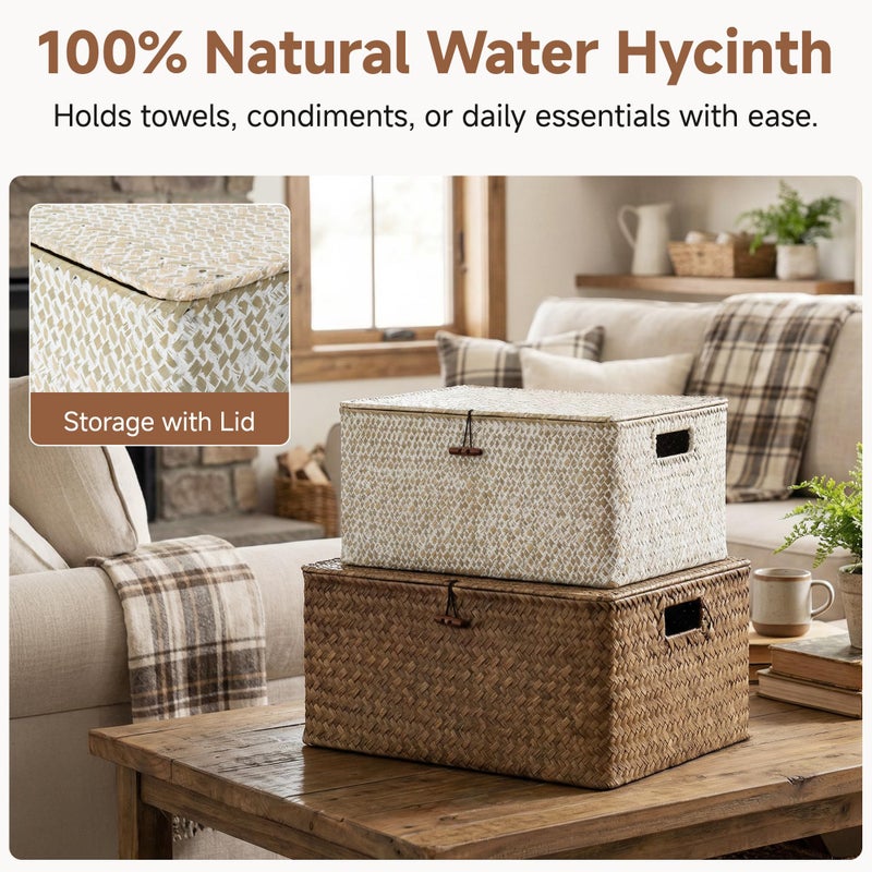 StorageWorks Wicker Baskets with Lid, Seagrass Storage Baskets for Shelves, Decorative Box with Built-in Handles,White - Image 4